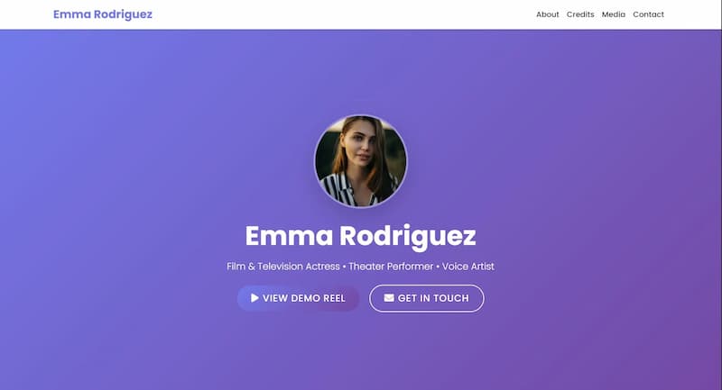 Actress portfolio website with professional headshots, media kit, resume, and booking information - entertainment professional design