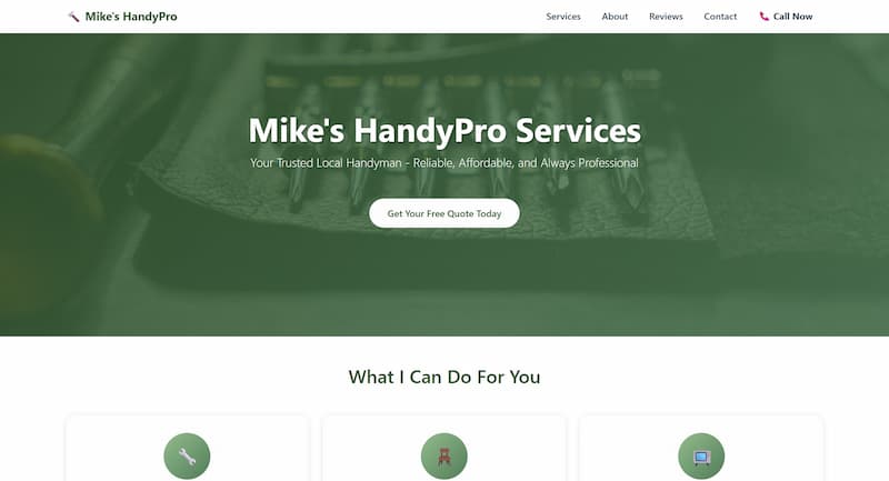 Custom handyman services website showcasing local business capabilities, service areas, and contact form - responsive service business design